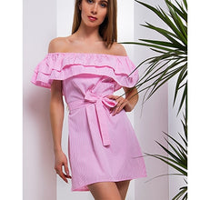 Load image into Gallery viewer, Sexy Slash Neck Mini Short Dress Sleevelee Slim Slash Mini Party Dresses Vestidos Women Solid Fashion Striped Straight Dresses